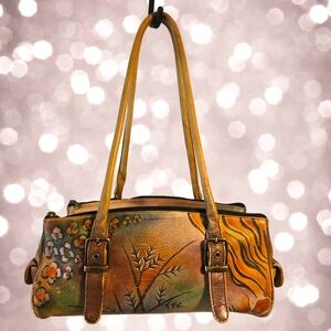 Anuschka Hand Painted Leather Shoulder‎ Bag Floral Art Satchel Vintage Style